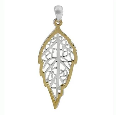 Sterling Silver Two Tone (Gold And Rhodium Plated), Leaf Pendant, 31X14mm Frame