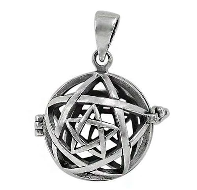 Sterling Silver Round Cage Pentagram Pendant, 20X2mm(Outer Frame)