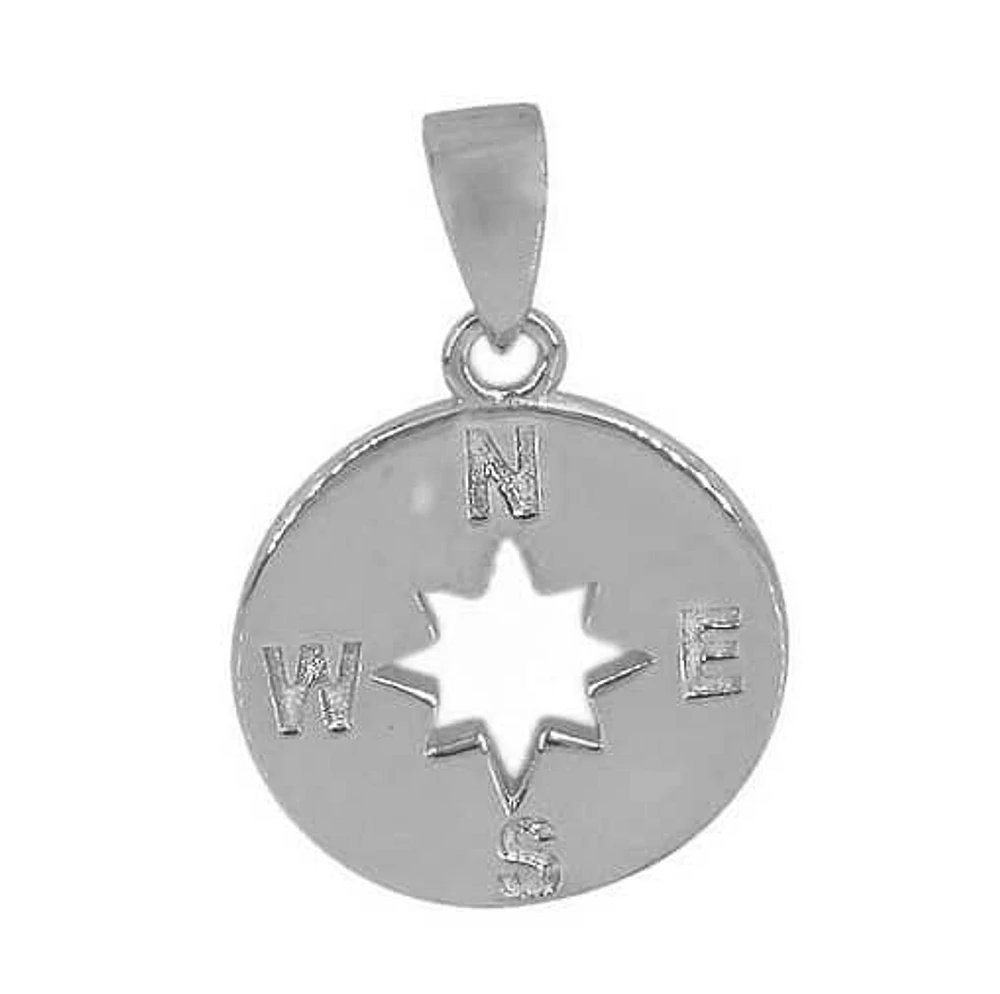 Sterling Silver With Rhodium, Compass Pendant, 13mm Diameter, 1mm Thickness