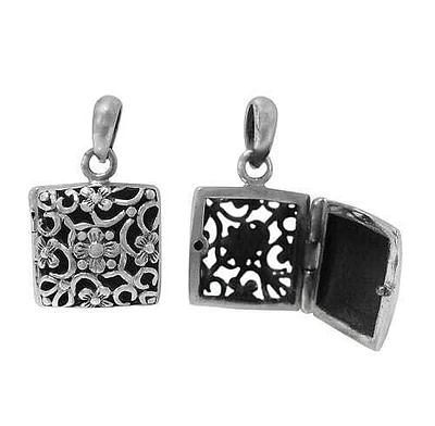Sterling Silver, Square Shape Locket With Cross And Filigree Design. Approx Size: 16mm L X 16mm W X 8.5mm T