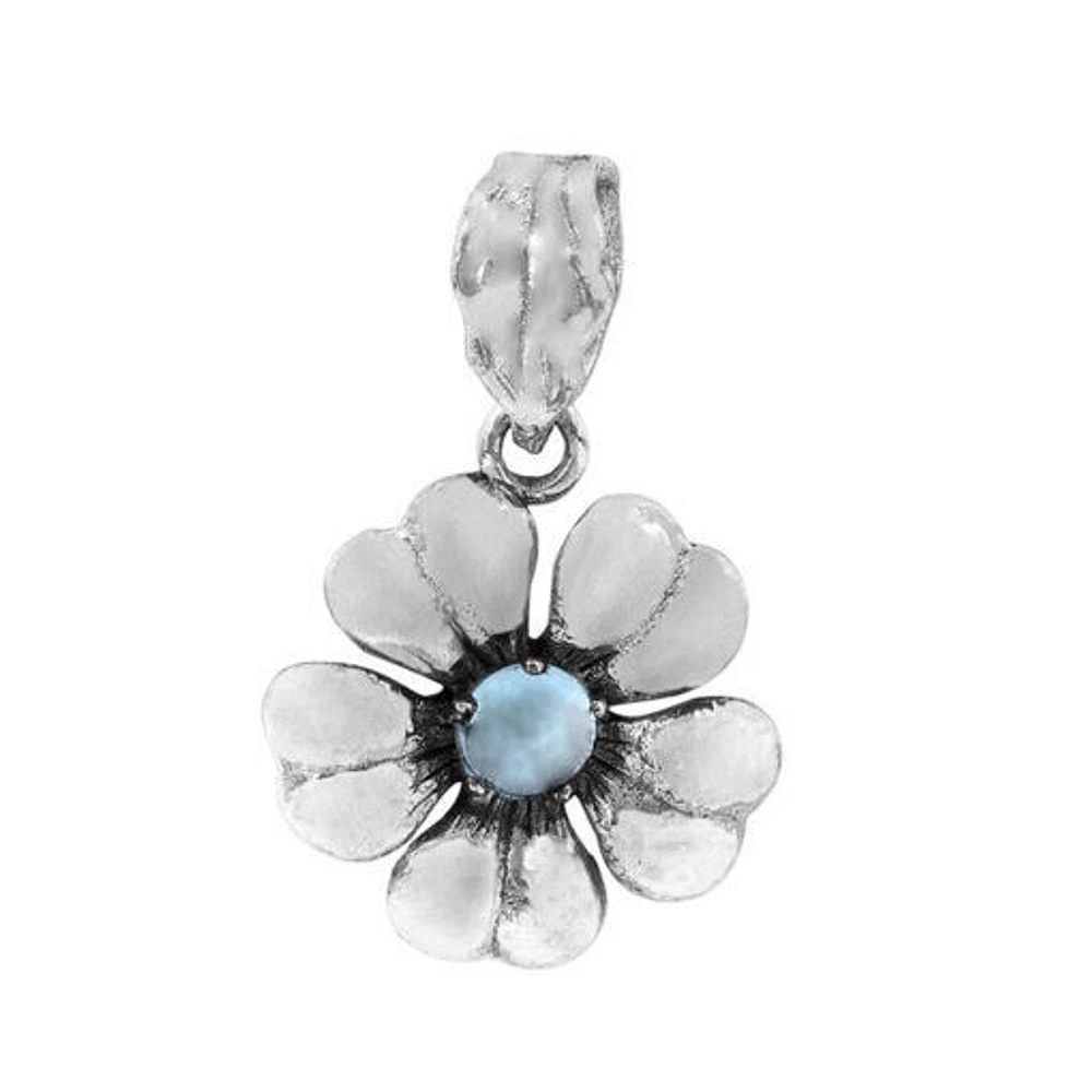 Sterling Silver, 12mm Flower Pendant With 4mm Aquamarine