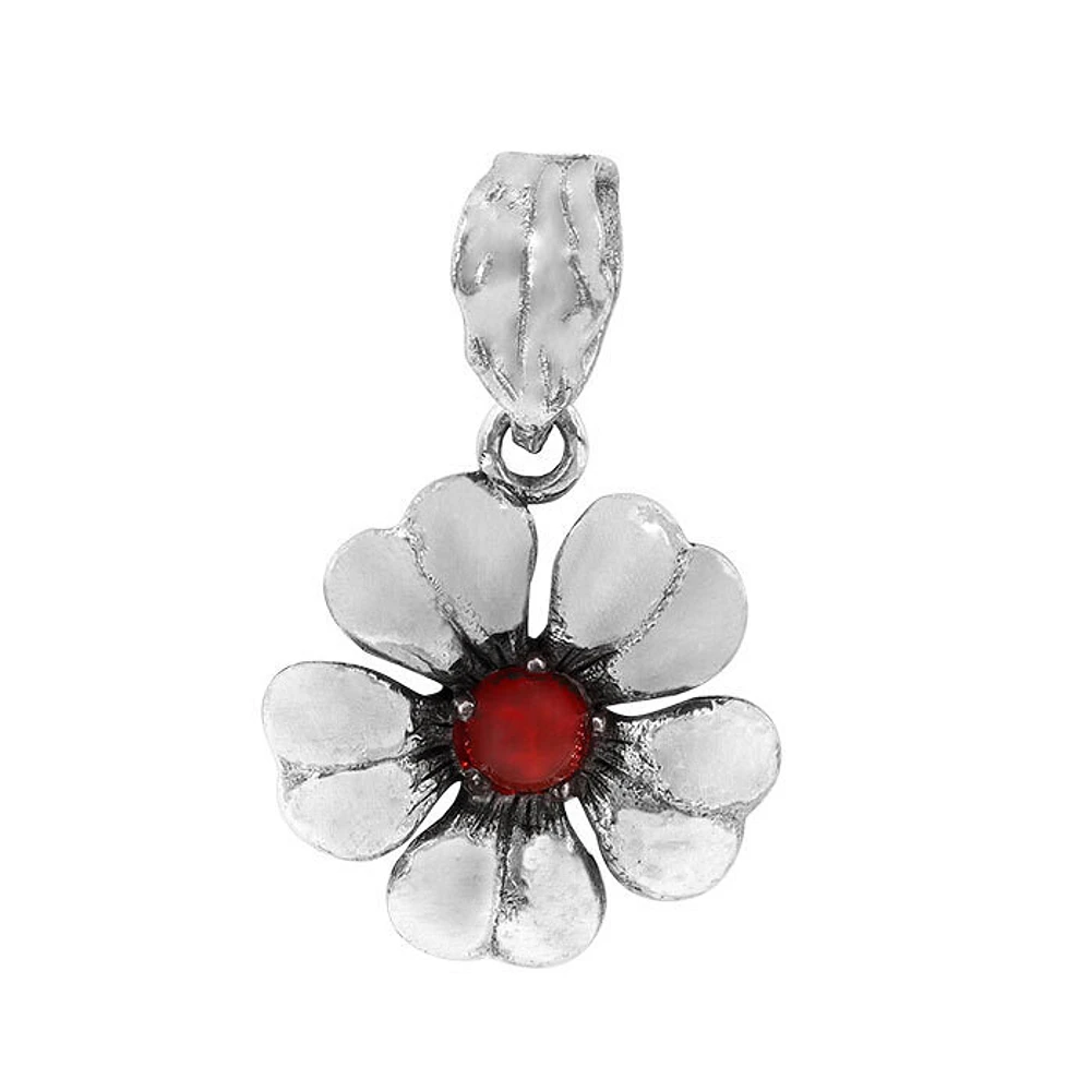 Sterling Silver, 12mm Flower Pendant With 4mm Garnet