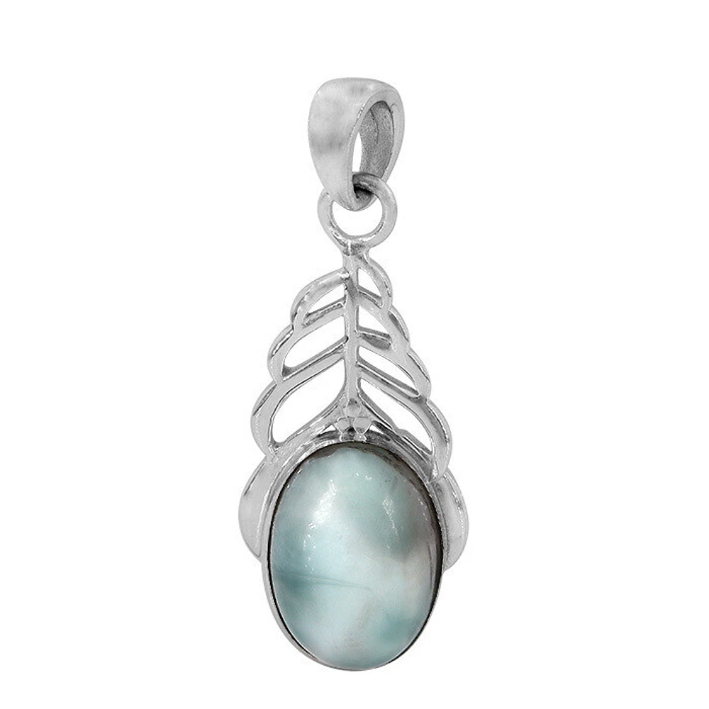 Sterling Silver With Rhodium, 9X14mm Larimar Feather Pendant