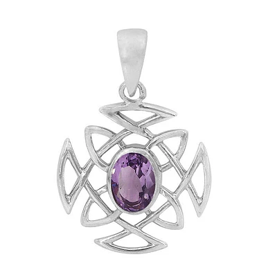 Sterling Silver With Rhodium, 21mm Celtic Pendant With 7X9mm Amethyst
