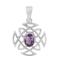 Sterling Silver With Rhodium, 21mm Celtic Pendant With 7X9mm Amethyst