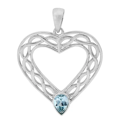 Sterling Silver With Rhodium, 31X32mm Celtic Pendant With 6X8mm Blue Topaz