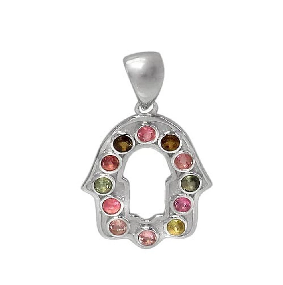 Sterling Silver With Rhodium, 21X18mm Hamsa Pendant With Tourmaline Stone