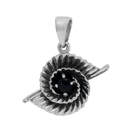 Sterling Silver, 18X20mm Spiral Leaf Pendant With 4mmOnyx