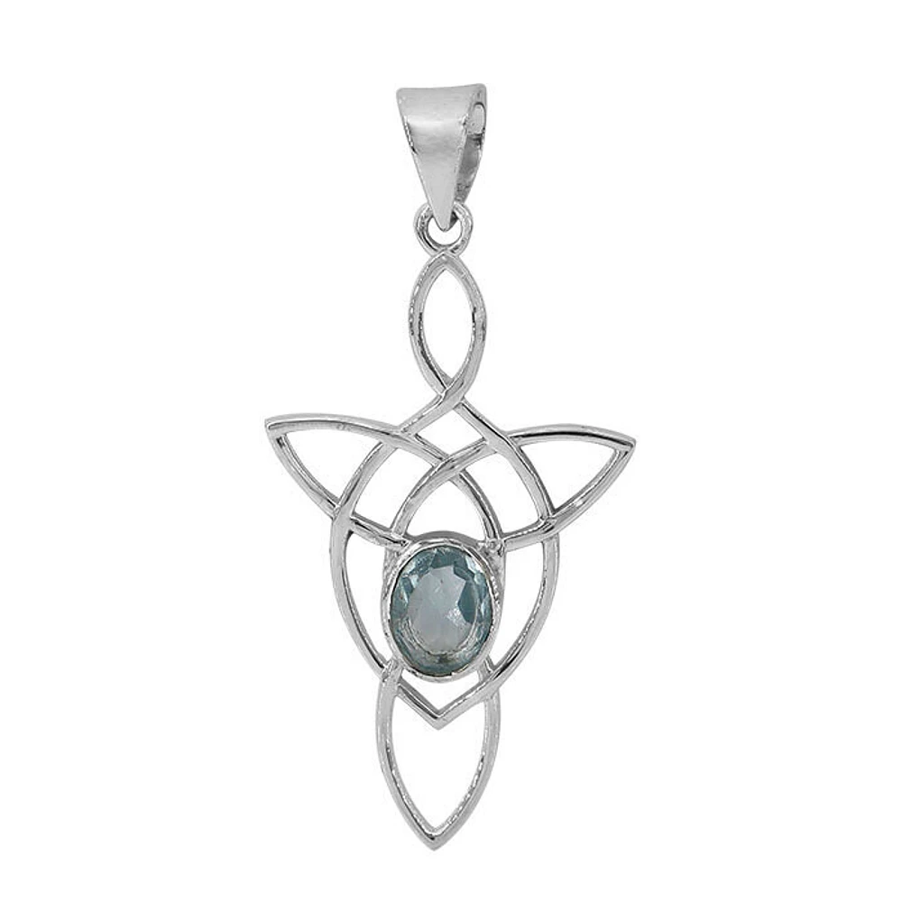 Sterling Silver With Rhodium, 23X39mm Celtic Pendant With Blue Topaz