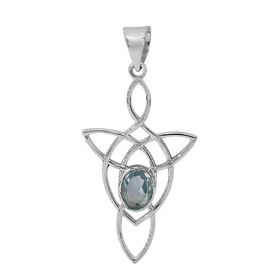 Sterling Silver With Rhodium, 23X39mm Celtic Pendant With Blue Topaz