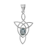 Sterling Silver With Rhodium, 23X39mm Celtic Pendant With Blue Topaz