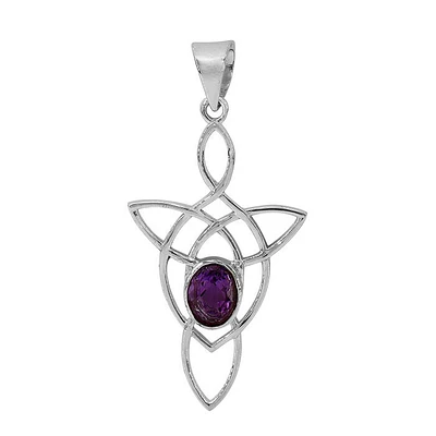 Sterling Silver With Rhodium, 23X39mm Celtic Pendant With Amethyst