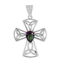 Sterling Silver, 25X33mm Celtic Knot Cross Pendant With 5X7mm Mystic Quartz