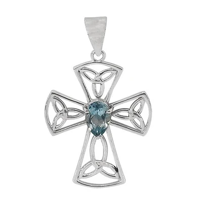 Sterling Silver, 25X33mm Celtic Knot Cross Pendant With 5X7mm Blue Topaz