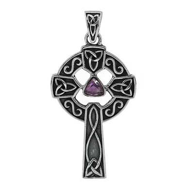 Sterling Silver, 24X39mm Celtic Cross Pendant With Amethyst