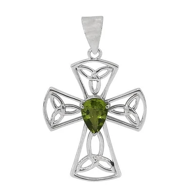 Sterling Silver, 25X33mm Celtic Knot Cross Pendant With 5X7mm Peridot