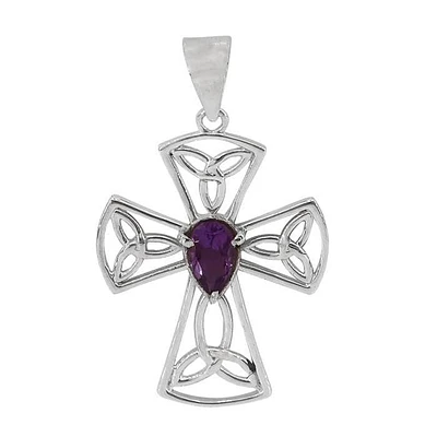 Sterling Silver, 25X33mm Celtic Knot Cross Pendant With 5X7mm Amethyst