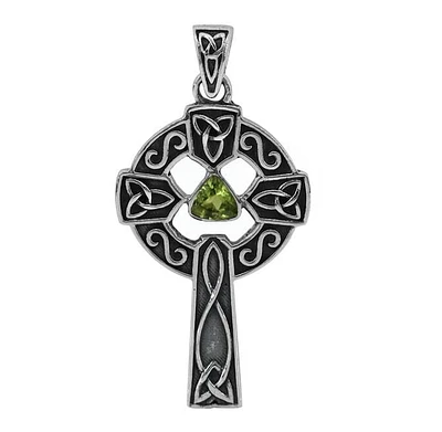 Sterling Silver, 24X39mm Celtic Cross Pendant With Peridot