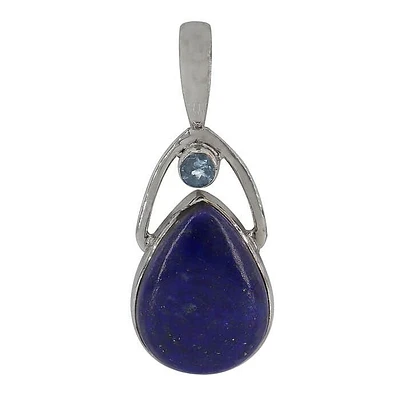 Sterling Silver With Rhodium, 16X22mm Lapis Lazuli Pendant With 4mm Blue Topaz