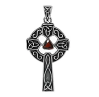 Sterling Silver, 24X39mm Celtic Cross Pendant With Garnet