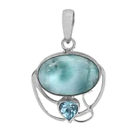 Sterling Silver With Rhodium, 15X22mm Oval Larimar Pendant With 8mm Blue Topaz, 28X27mm