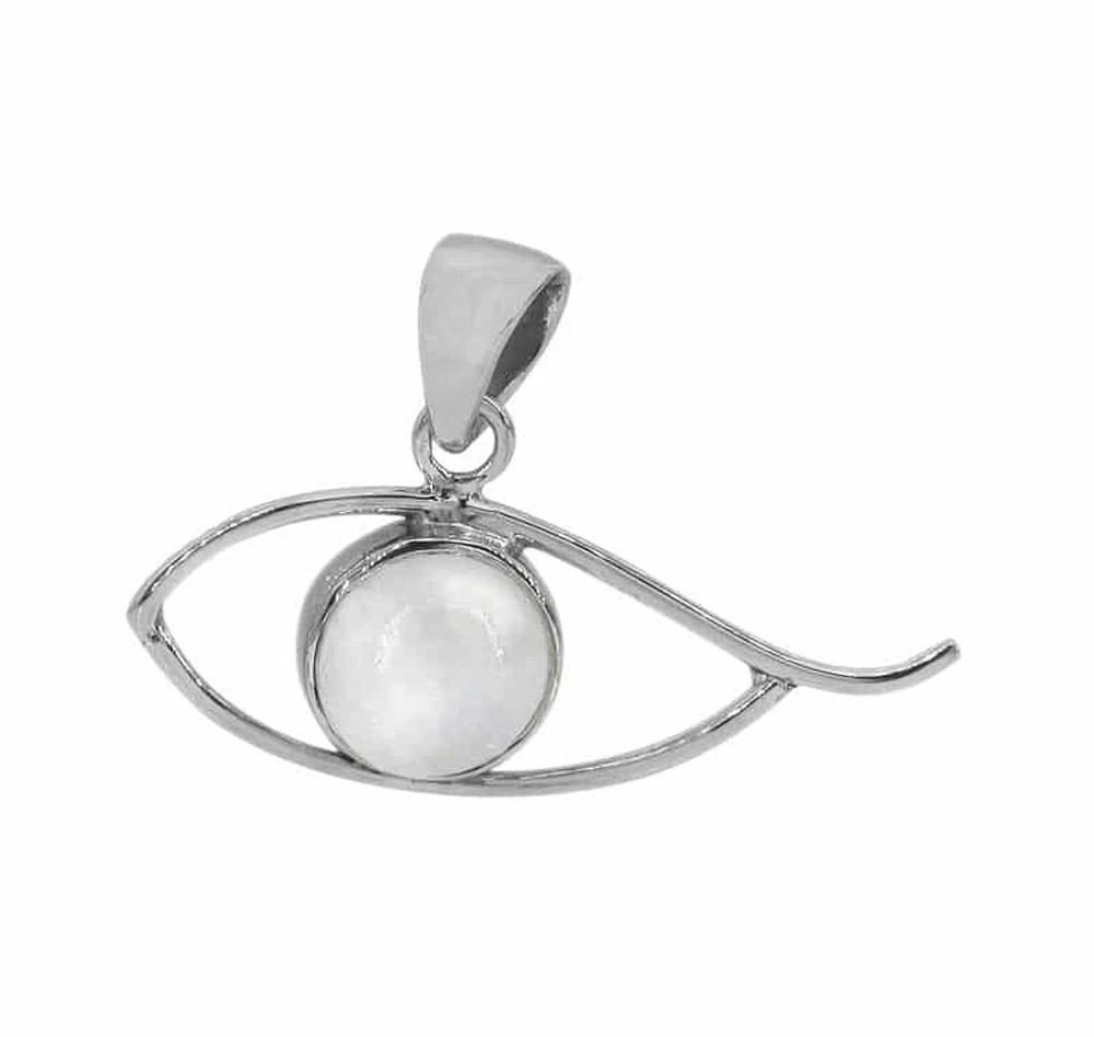 Sterling Silver With Rhodium, Evil Eye Pendant With 10mm Moonstone, 15X38mm