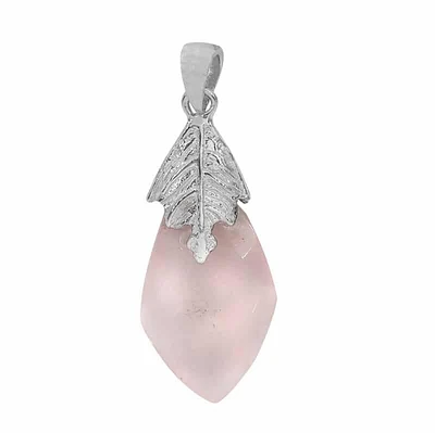 Sterling Silver With Rhodium, Rose Quartz Pendant, 37X15mm, 5mm Thickness