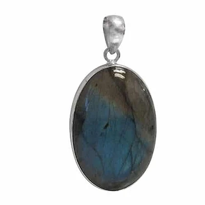 Sterling Silver With Rhodium, 42X32mm Labradorite Stone Pendant, Colour And Size May Vary. A