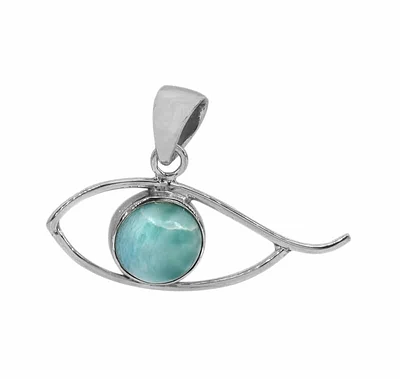 Sterling Silver With Rhodium, Evil Eye Pendant With 10mm Larimar, 15X38mm