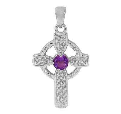 Sterling Silver With Rhodium, Celtic Cross Pendant With 6mm Amethyst, 31X22mm