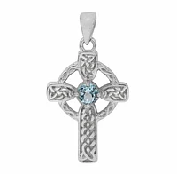 Sterling Silver With Rhodium, Celtic Cross Pendant With 6mm Blue Topaz, 31X22mm