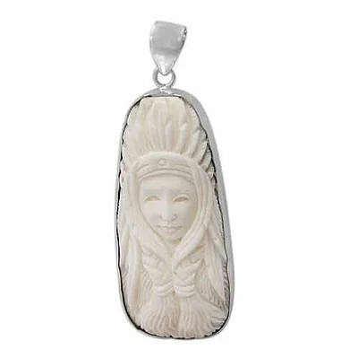 Sterling Silver, Free Shape Stone Pendant With A Carved Image Of A Woman, 55X25mm (Bone).