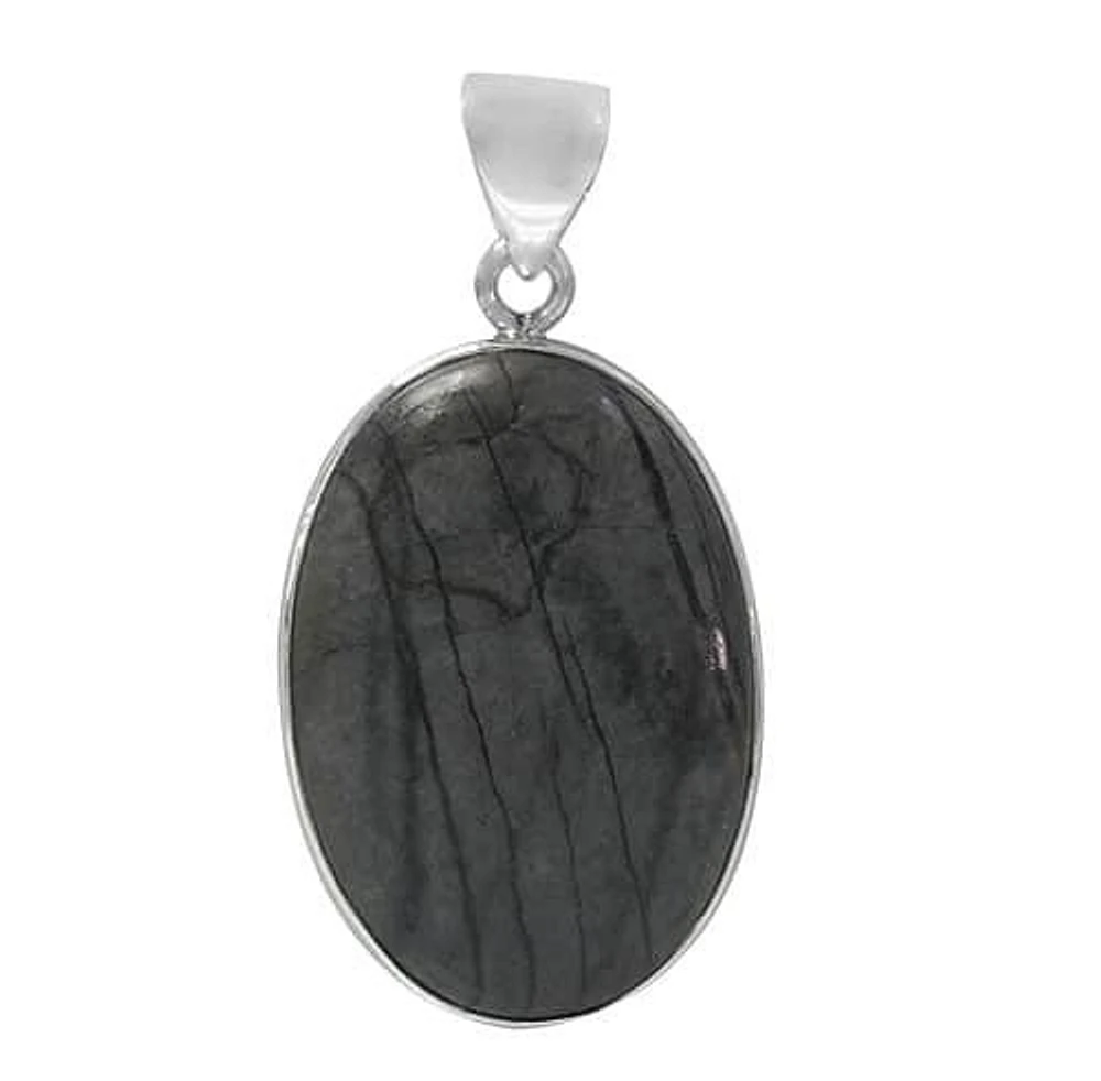 Sterling Silver, Smooth Oval Picasso Jasper Pendant. Approx Stone Size: 40-45mm L X 28-33mm W X 6mm T