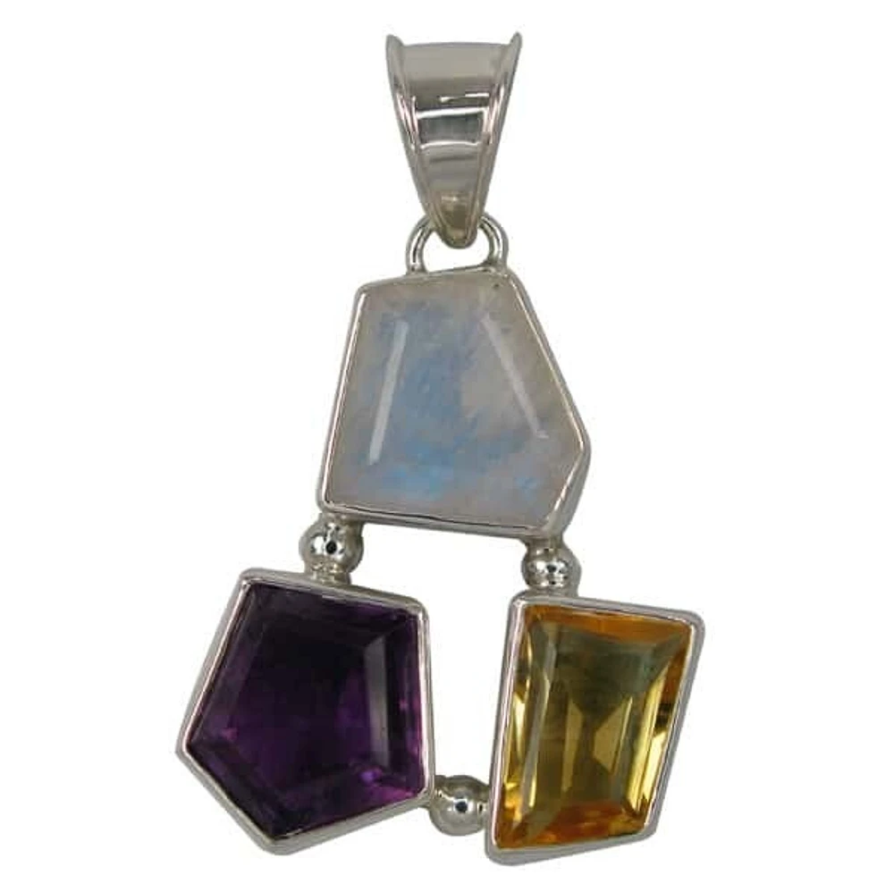 Sterling Silver, Faceted Free Shape Stone Pendant. Stone Types: Amethyst, Moonstone And Emulated Citrine. Approximate Stone Size: 14mm L X 13mm W(Largest Stone)