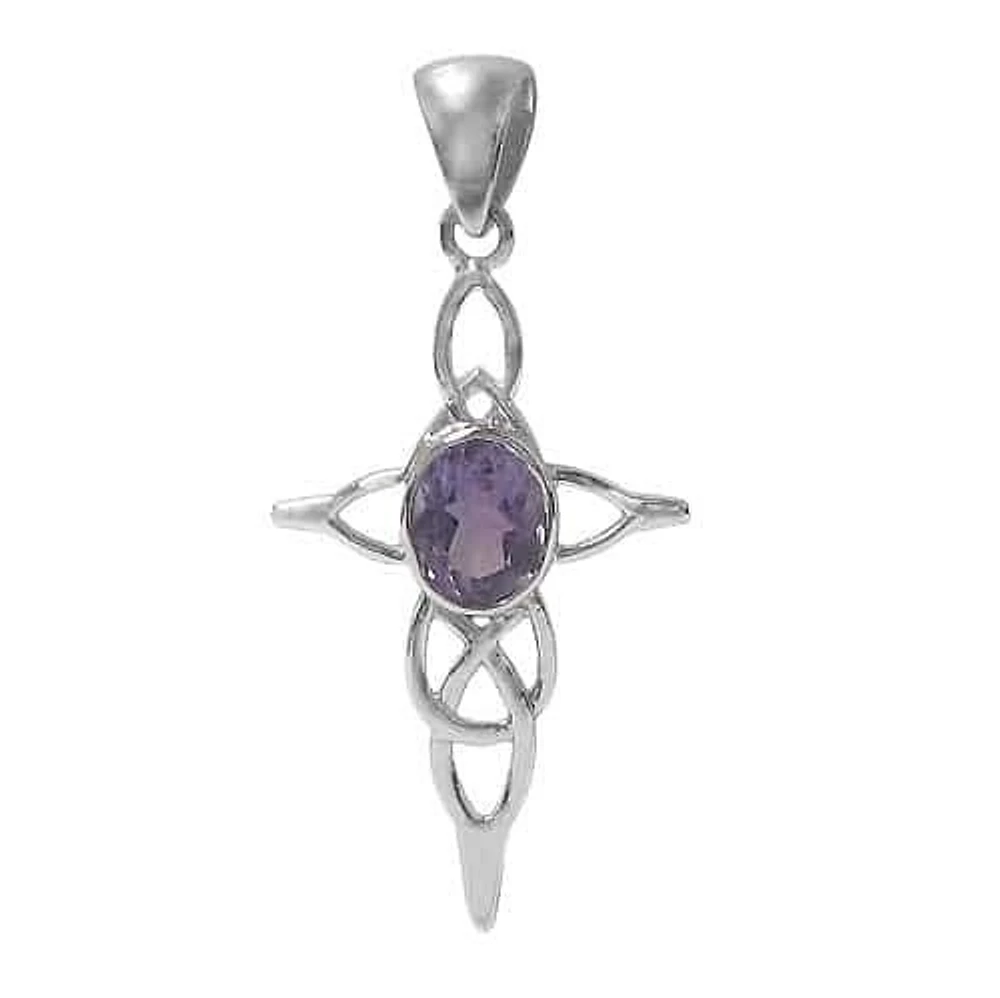 Sterling Silver With Rhodium, 21×33 Celtic Cross Pendant With 9X7mm Amethyst