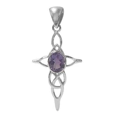 Sterling Silver With Rhodium, 21×33 Celtic Cross Pendant With 9X7mm Amethyst