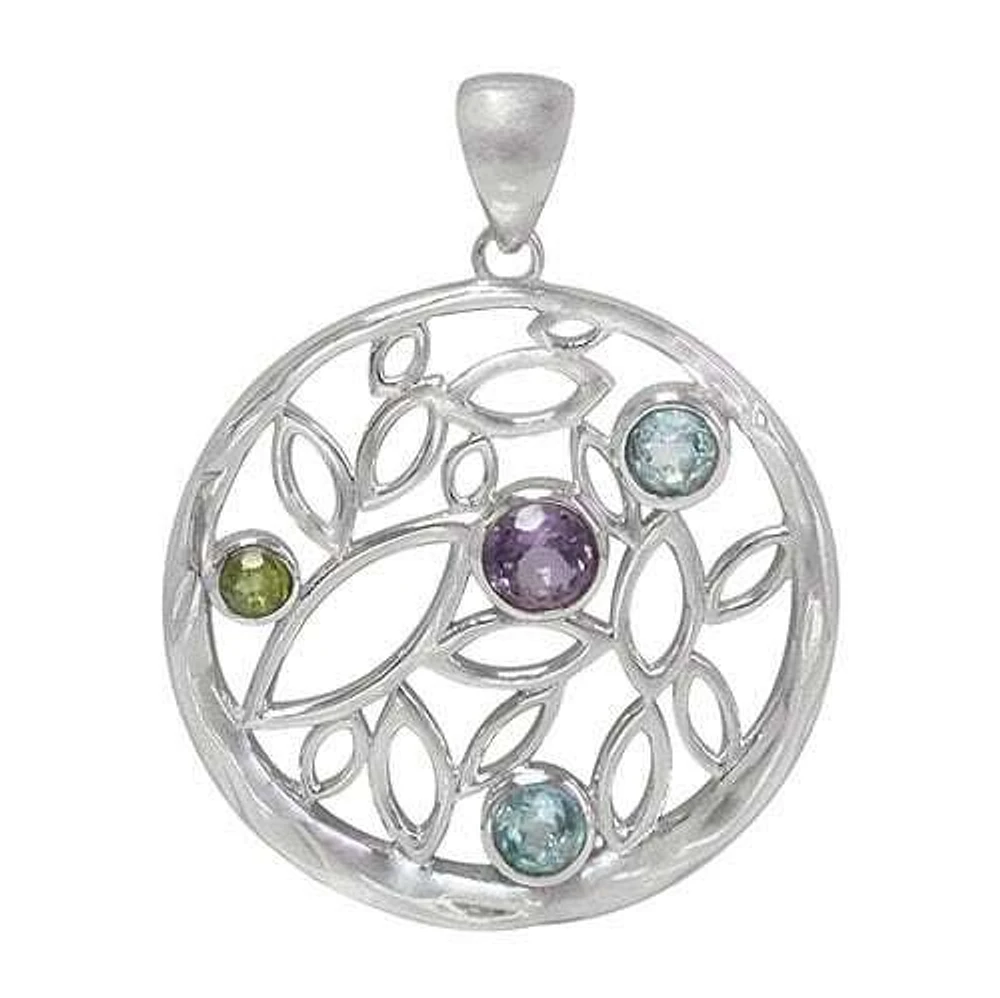 Rhodium Plated On Sterling Silver, Leaf Pendant With Round Faceted Stone. Approximate Pendant Size: 32mm Diameter