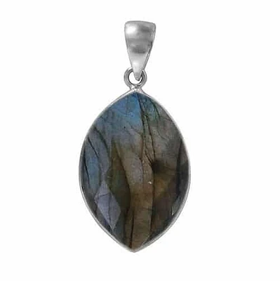 Rhodium Plated On Sterling Silver, Faceted Marquise Shape Stone Pendant. Colour And Size May Vary. Approximate Stone Size: 30mm L X 20mm.