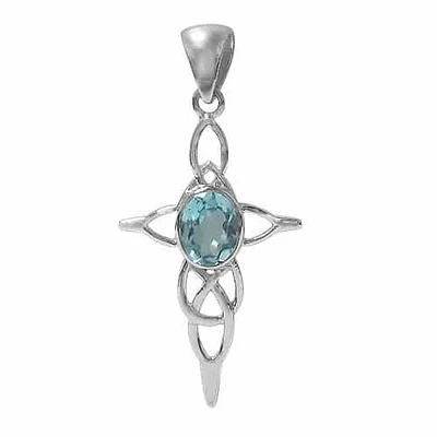 Sterling Silver With Rhodium, 21×33 Celtic Cross Pendant With 9X7mm Blue Topaz