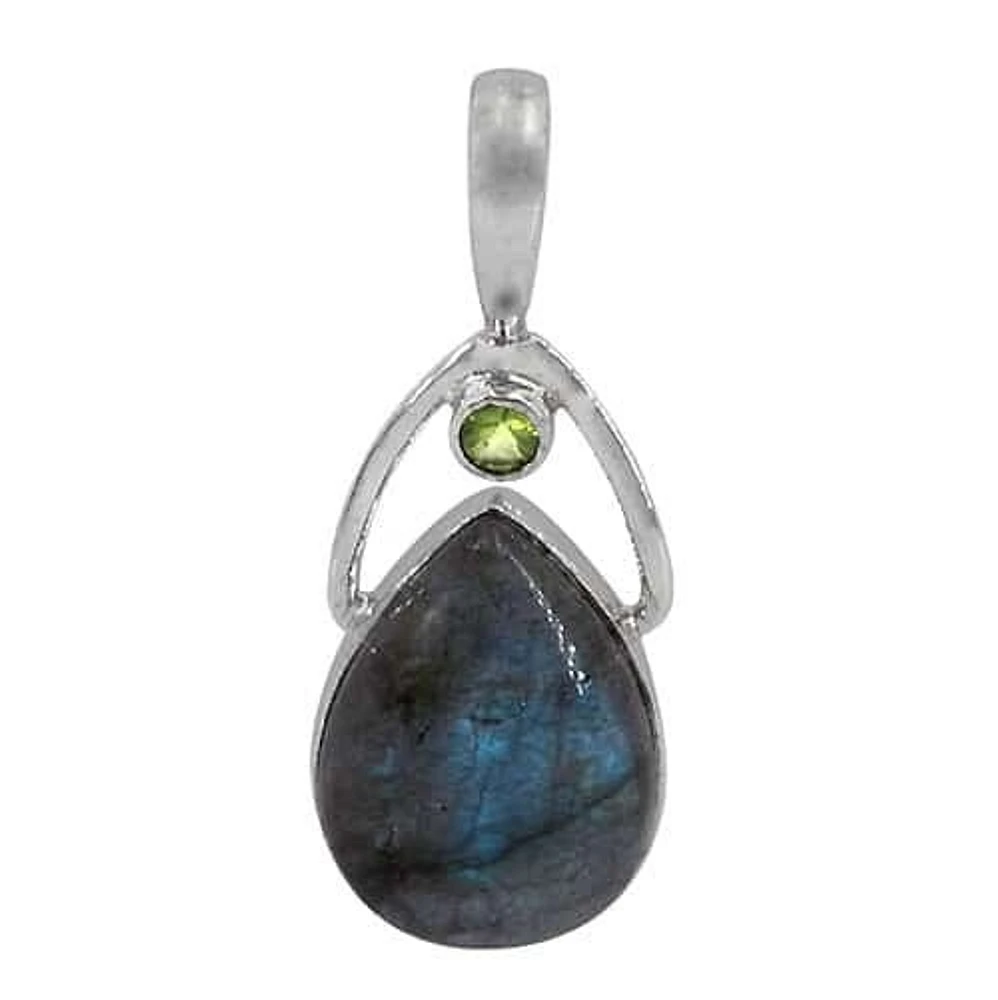 Sterling Silver With Rhodium Stone Pendant, 26X15mm Labradorite, 5mm Peridot