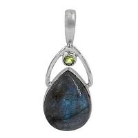 Sterling Silver With Rhodium Stone Pendant, 26X15mm Labradorite, 5mm Peridot