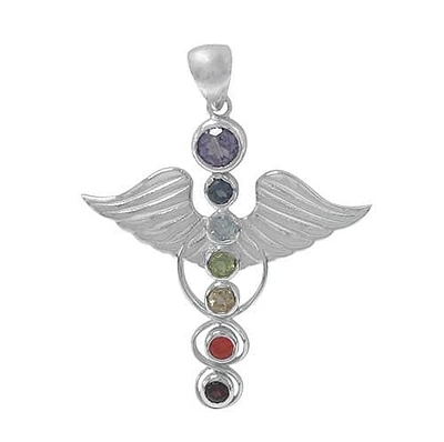 Sterling Silver With Rhodium, 39X37mm Angel Wing Chakra Pendant