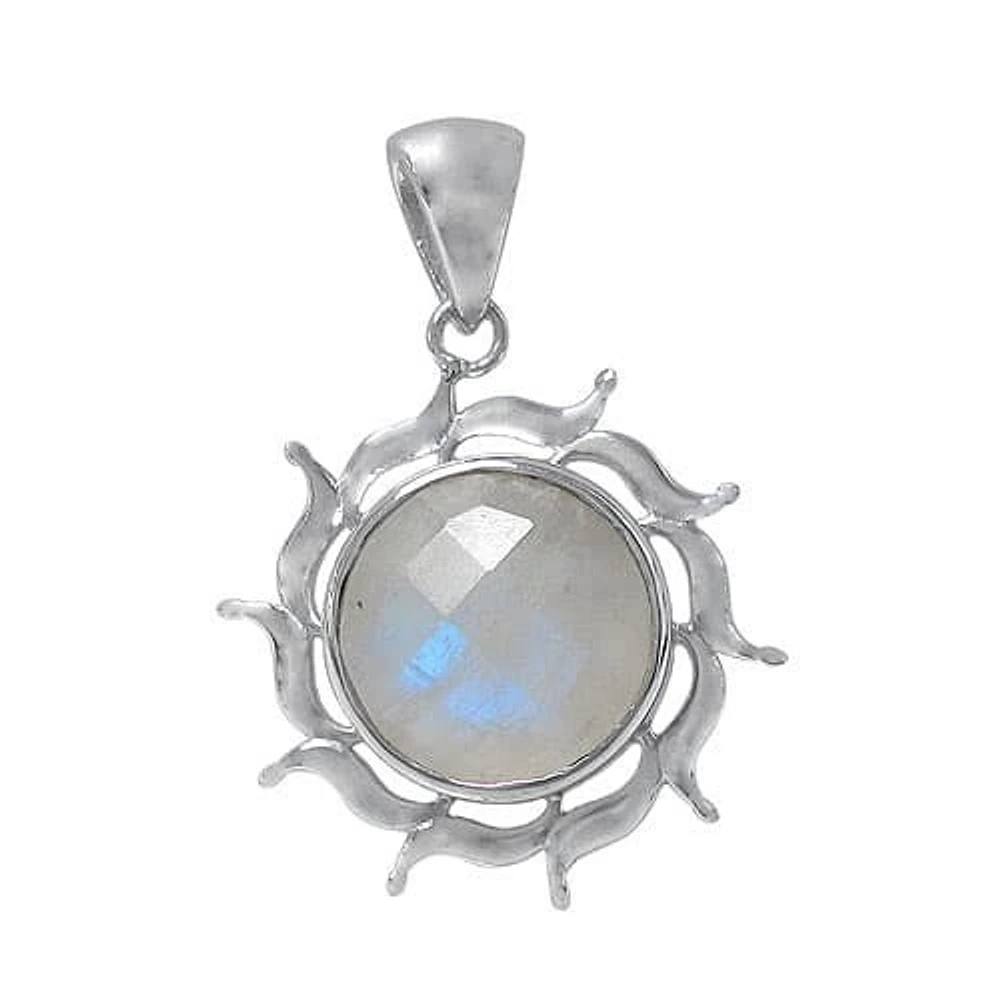 Rhodium Plated On Sterling Silver, Faceted Round Stone Pendant. Colour And Size May Vary. Approximate Stone Size: 14mm Diameter