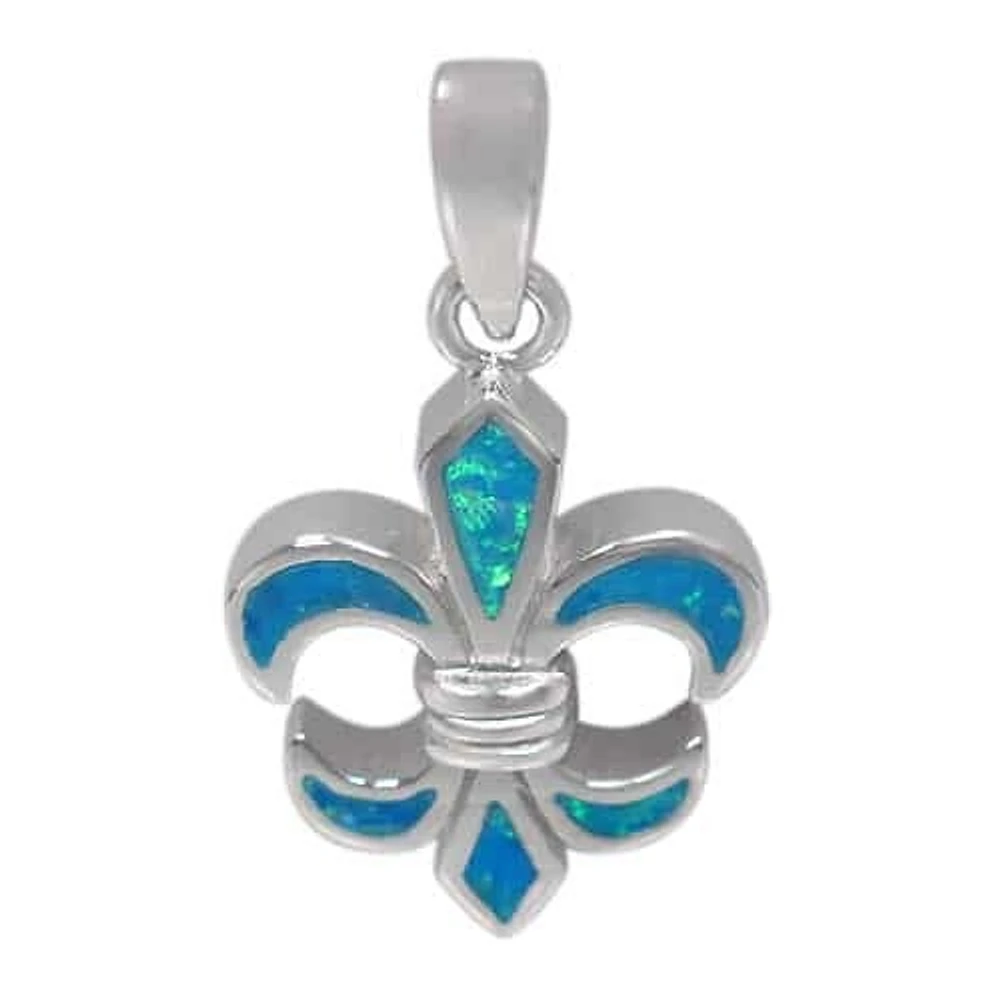 Sterling Silver With Rhodium, 19X16mm Fleur De Lis Pendant With Emulated Opal