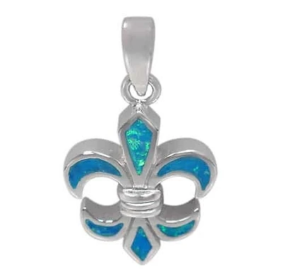 Sterling Silver With Rhodium, 19X16mm Fleur De Lis Pendant With Emulated Opal