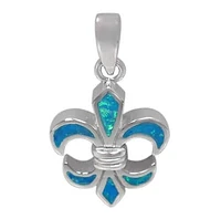 Sterling Silver With Rhodium, 19X16mm Fleur De Lis Pendant With Emulated Opal