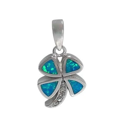 Sterling Silver With Rhodium, 15.5X13mm Four Leaf Clover Pendant With Emulated Opal