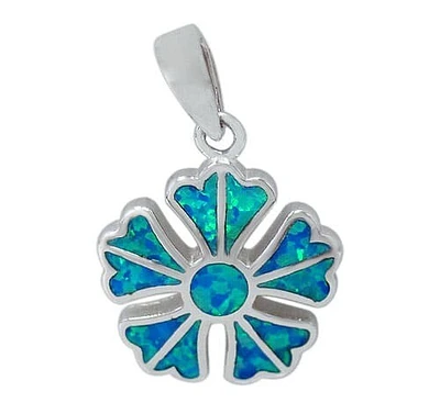 Sterling Silver With Rhodium, 17mm Flower Stone Pendant With Emulated Opal