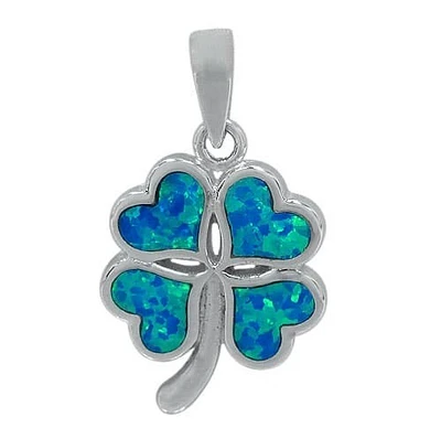 Sterling Silver With Rhodium, 20X17mm Four Leaf Clover Pendant With Emulated Opal