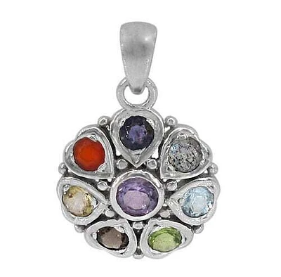 Sterling Silver With Rhodium, 19mm Flower Pendant With 5mm Multi Stone